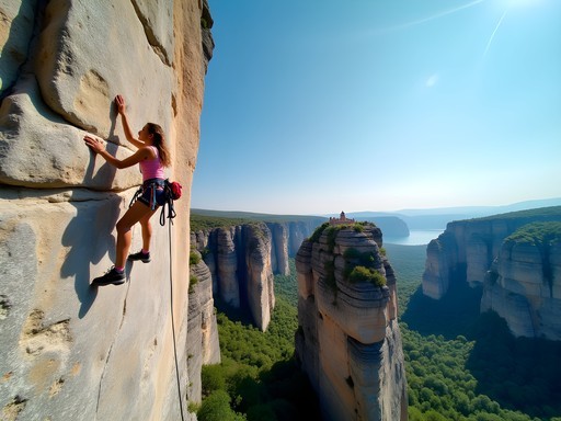 Solo climber ascending a challenging rock face in Meteora with monasteries visible in background