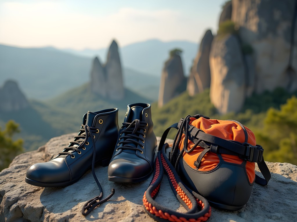 Rock climbing equipment laid out with Meteora rock formations in background