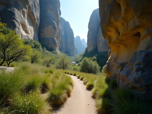 Secluded hiking path winding between massive Meteora rock formations