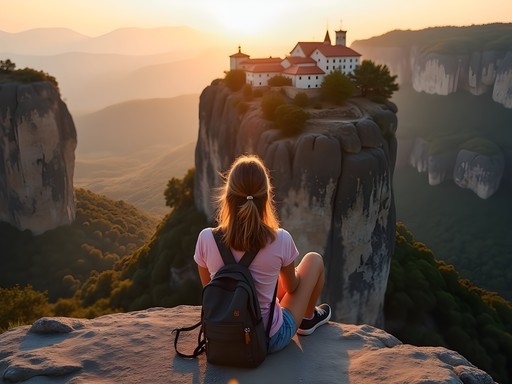 Solo traveler observing Meteora monastery from unique climbing perspective