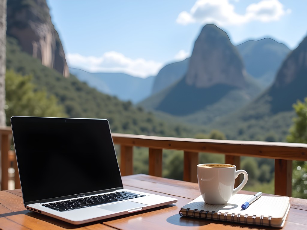 Laptop setup at café terrace with stunning Meteora rock formations in background