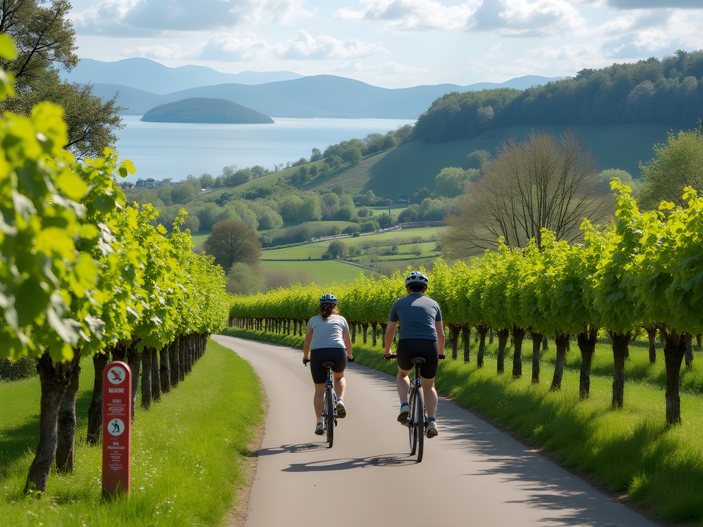 Cyclists on Balaton Bike Path riding through vineyards with lake view in background