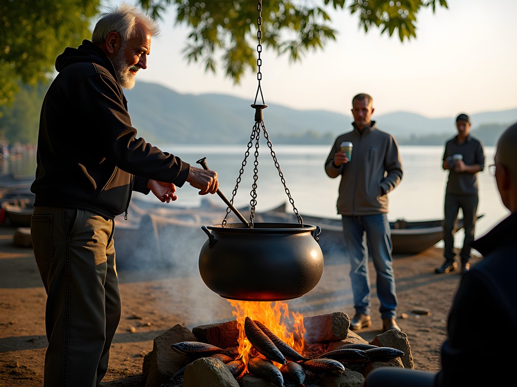 Traditional Hungarian fish soup cooking lesson on shores of Lake Balaton with cauldron over open fire