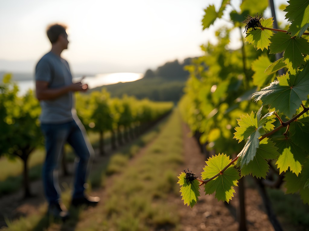 Sustainable vineyard practices demonstration on hillside overlooking Lake Balaton