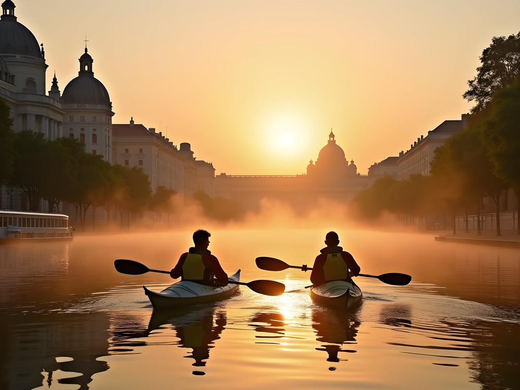Couple kayaking on the Danube Canal at sunrise with Vienna's historic architecture in background