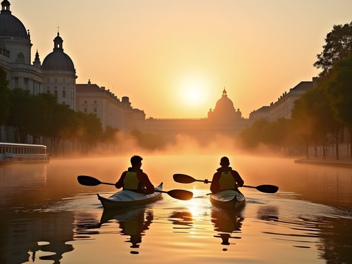 Couple kayaking on the Danube Canal at sunrise with Vienna's historic architecture in background