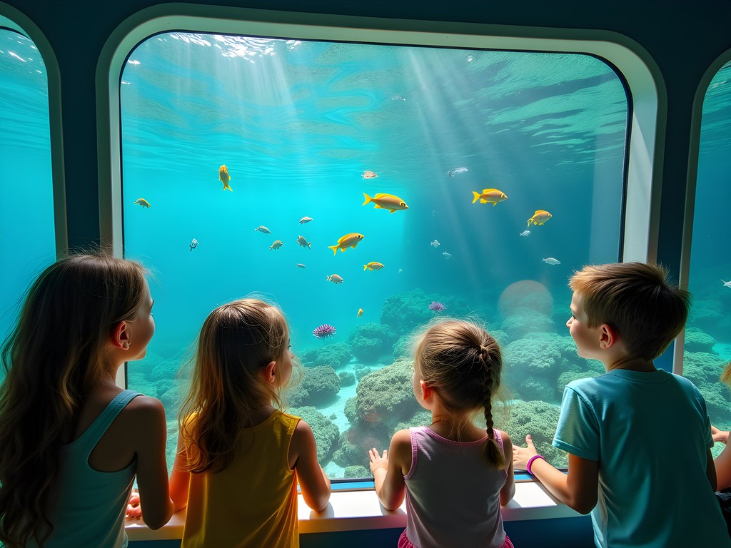 Family enjoying underwater views from glass-bottom boat in Biscayne National Park