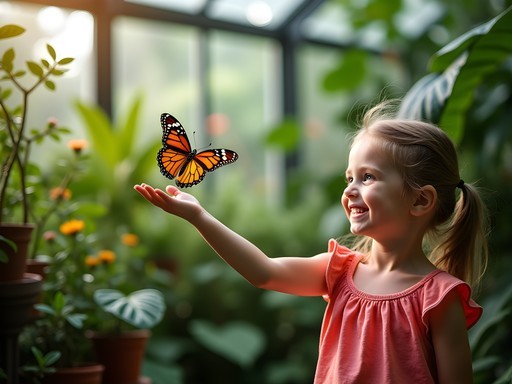 Child experiencing butterfly landing on hand at Fairchild Tropical Botanic Garden
