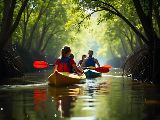 Family kayaking through mangrove tunnels at Oleta River State Park
