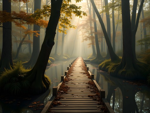 Rustic boardwalk winding through ancient cedar trees with autumn colors in Cedar Swamp Wildlife Area