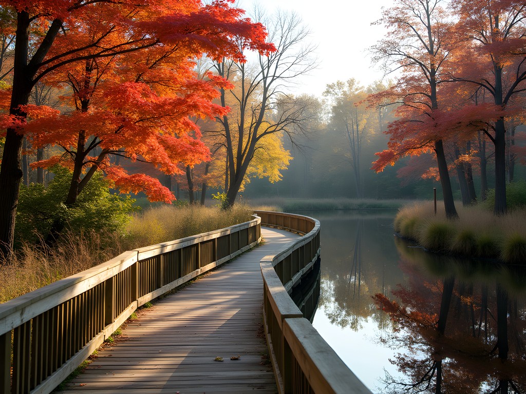 Wooden boardwalk winding through colorful autumn wetlands at Dragon Run Park in Middletown, Delaware