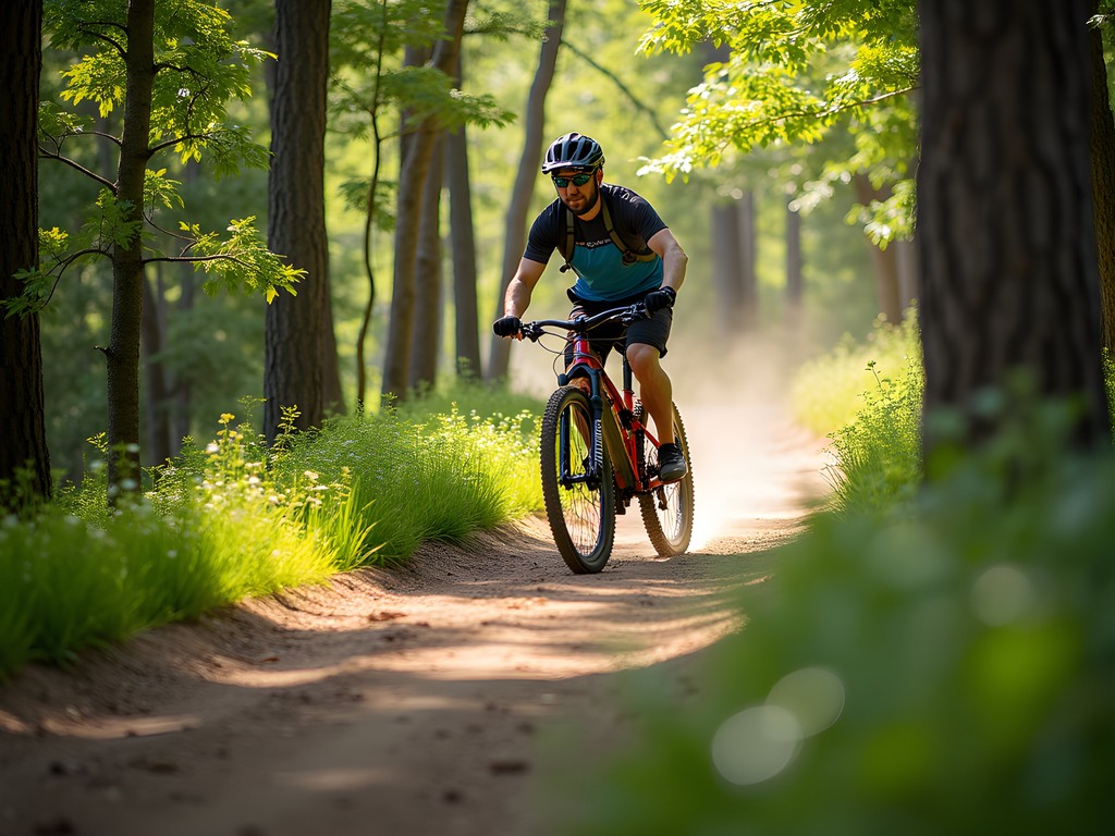 Mountain biker navigating wooded singletrack at Kiwanis Woodlot Park in Mitchell