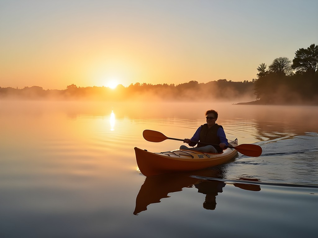 Kayaking on Lake Mitchell at sunrise with mist rising from water