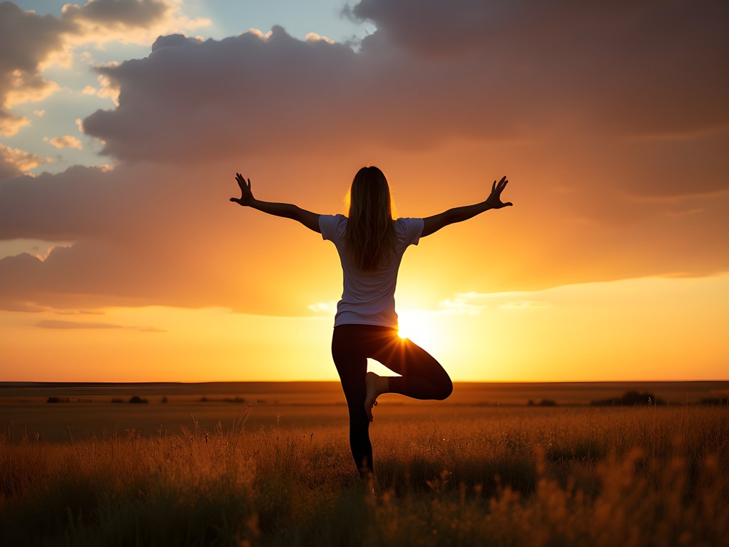 Woman practicing yoga at sunset in Dry Run Creek Park with prairie views