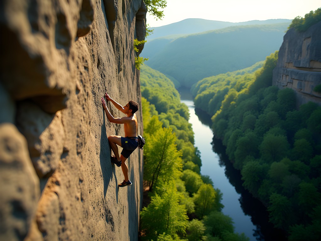 Rock climber ascending sandstone route at Coopers Rock Main Overlook area