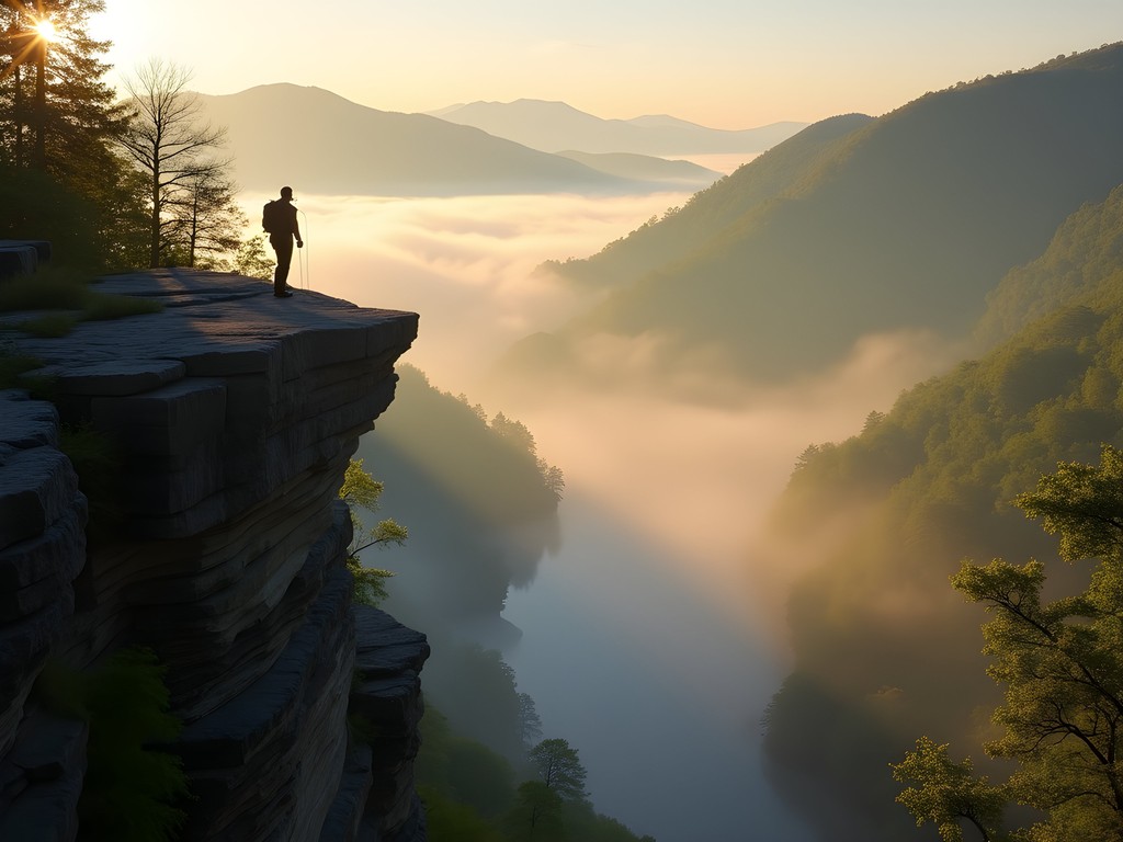 Morning fog lifting over Coopers Rock climbing area with climber silhouette