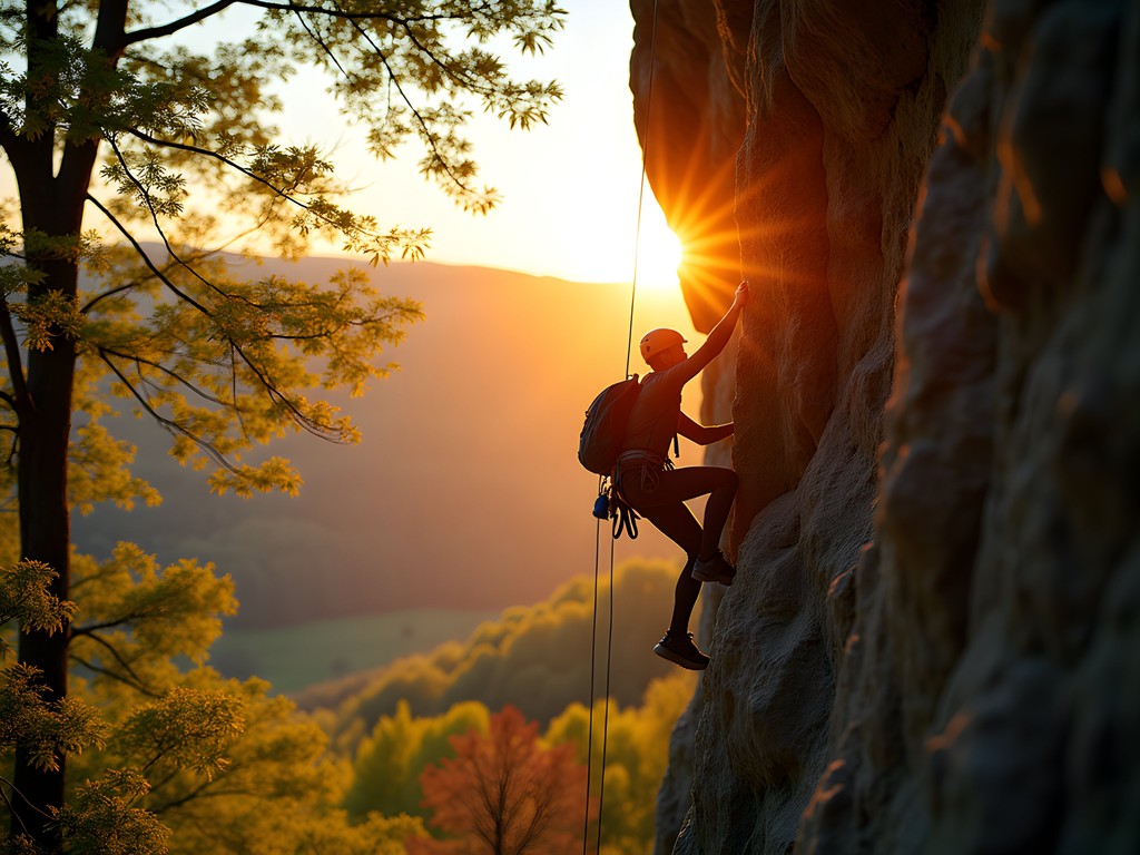 Rock climber on Sunset Wall route at Coopers Rock during golden hour lighting