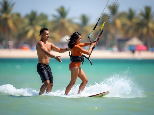 Woman taking kite surfing lesson in Mui Ne with instructor