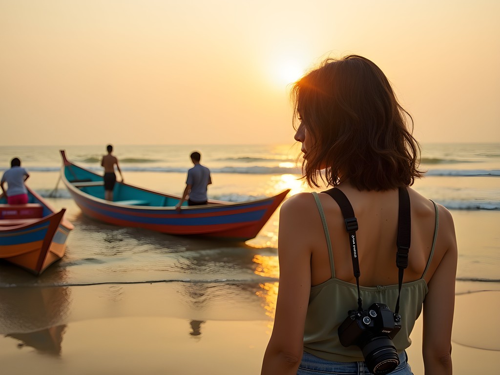 Woman watching fishing boats return at dawn in Mui Ne village
