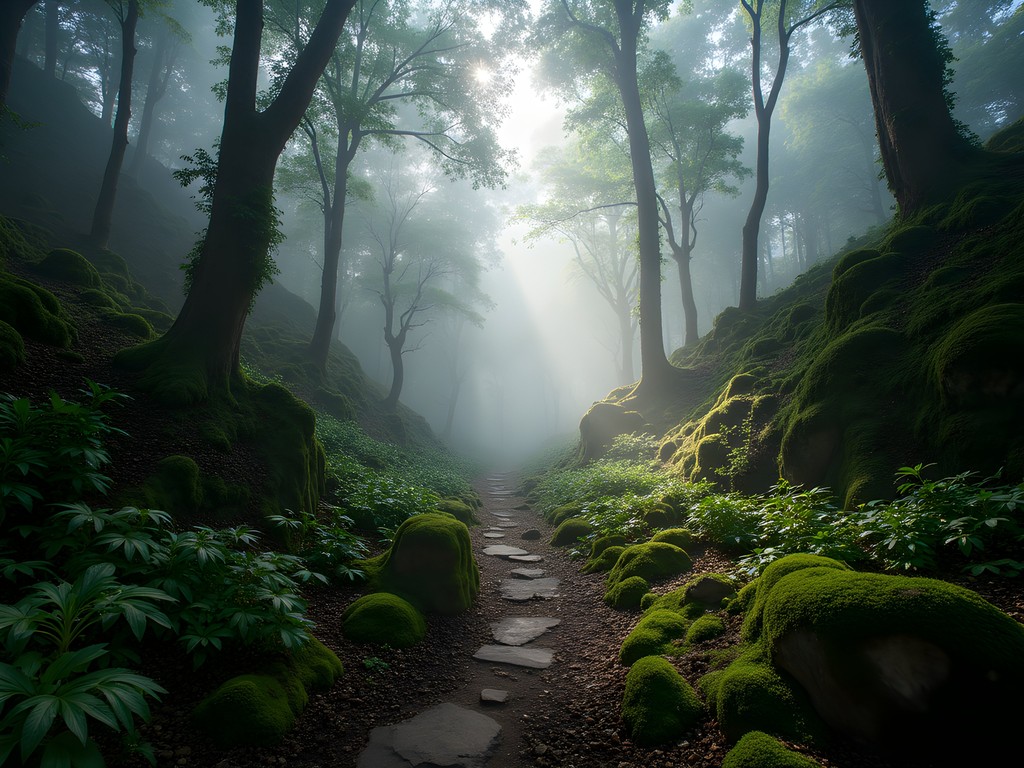 Misty trail through Bvumba Mountains forest