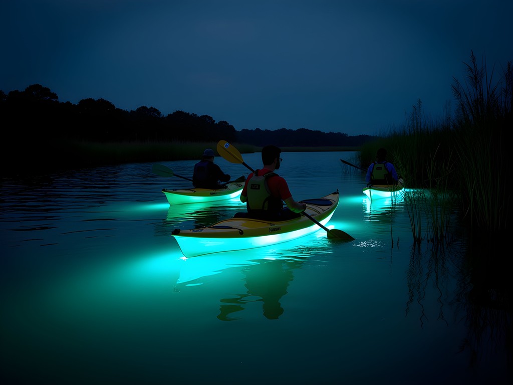 Bioluminescent organisms glowing around kayak paddles in Myrtle Beach waterways at night