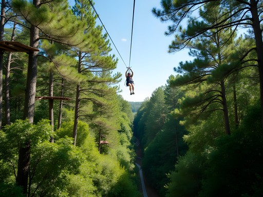 Family zip-lining through forest canopy at Radical Ropes Adventure Park in Myrtle Beach