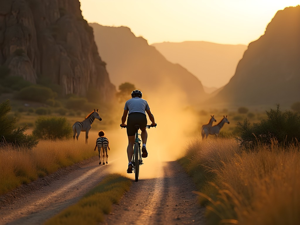 Cyclist passing zebras and giraffes on dirt road in Hell's Gate National Park near Nairobi