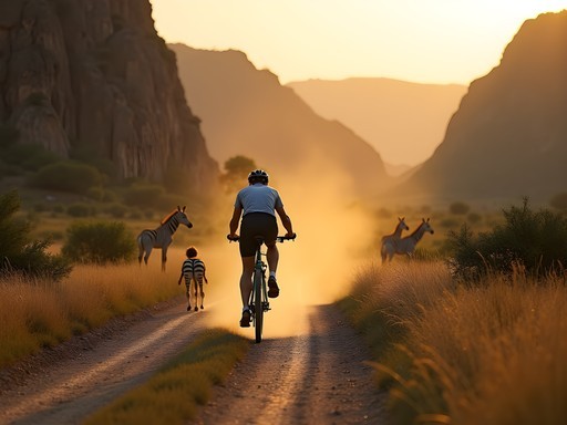 Cyclist passing zebras and giraffes on dirt road in Hell's Gate National Park near Nairobi