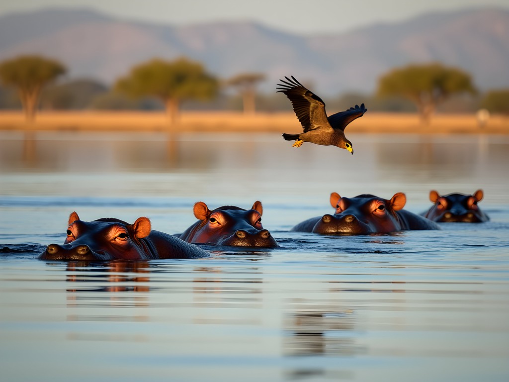 Hippos in Lake Naivasha with boat safari and birds flying overhead