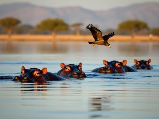 Hippos in Lake Naivasha with boat safari and birds flying overhead