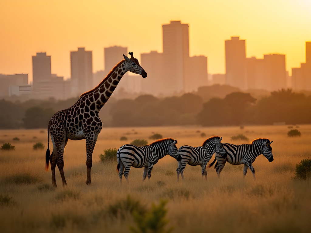 Safari vehicle observing giraffes and zebras with Nairobi skyline visible in background