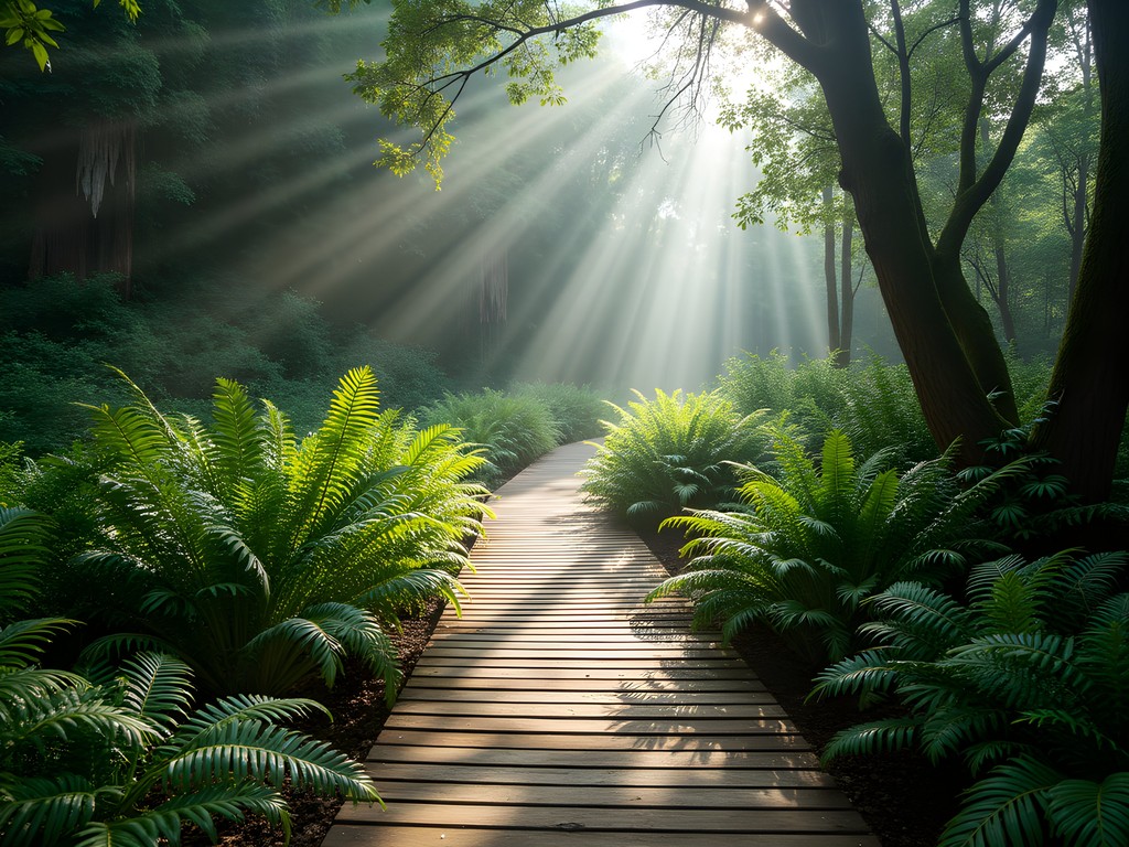 Wooden boardwalk through lush forest on Oloolua Nature Trail near Nairobi