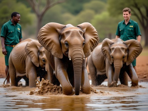 Baby elephants playing in mud with keepers at David Sheldrick Wildlife Trust in Nairobi