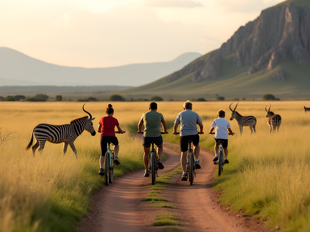 Family cycling through Hell's Gate National Park with zebras grazing nearby