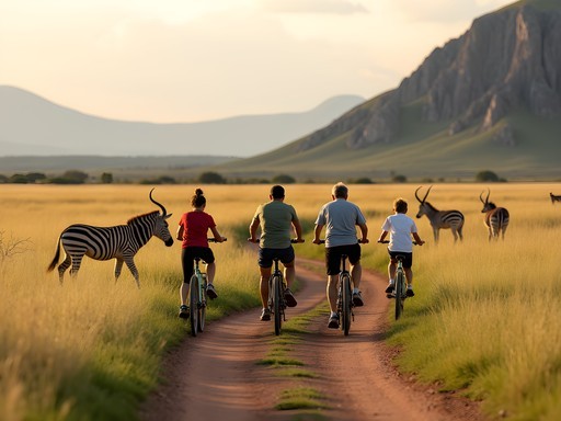 Family cycling through Hell's Gate National Park with zebras grazing nearby