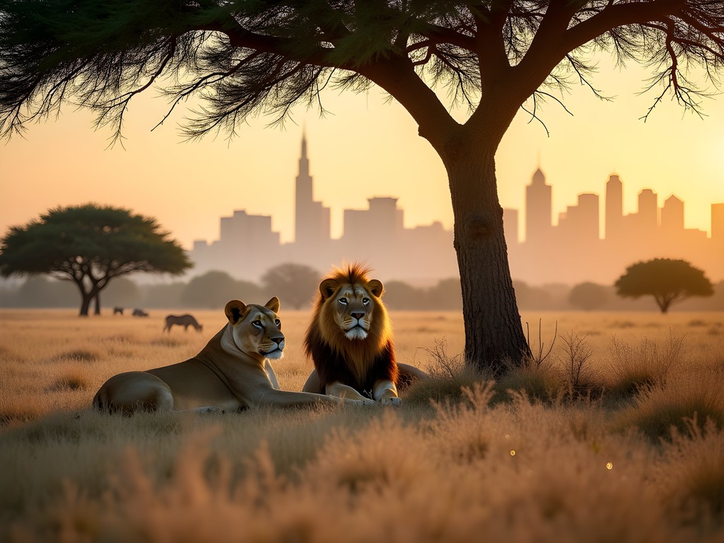 Pride of lions with Nairobi skyline in background at Nairobi National Park