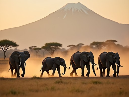 Herd of elephants walking across Amboseli plains with Mount Kilimanjaro visible in background