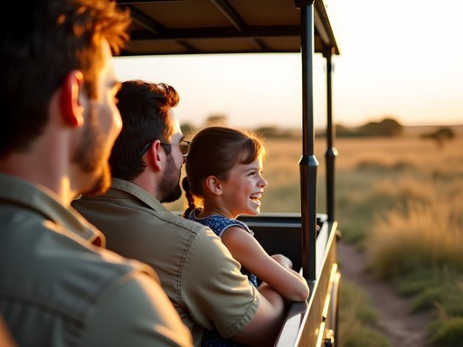 Family enjoying safari game drive in vehicle with pop-up roof in Kenyan savanna