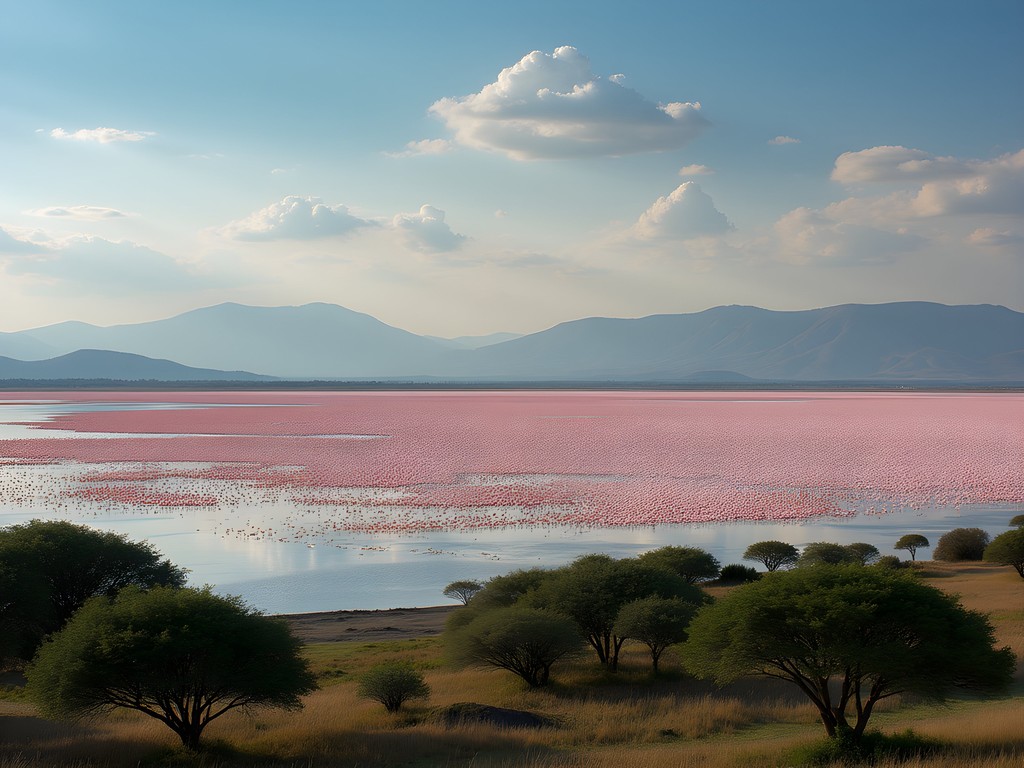 Pink mass of flamingos along Lake Nakuru shore with acacia trees in foreground