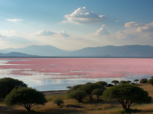 Pink mass of flamingos along Lake Nakuru shore with acacia trees in foreground