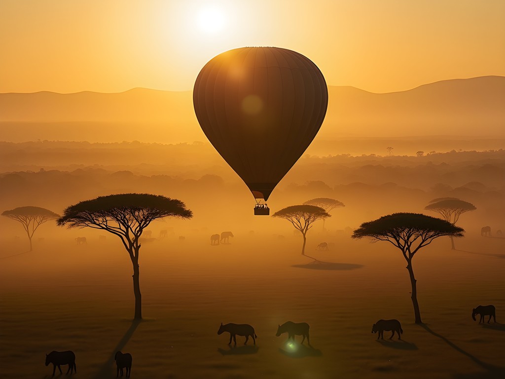 Hot air balloon safari over the Maasai Mara at sunrise with wildlife visible below