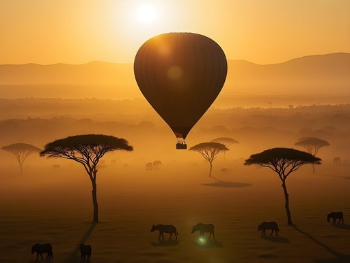 Hot air balloon safari over the Maasai Mara at sunrise with wildlife visible below