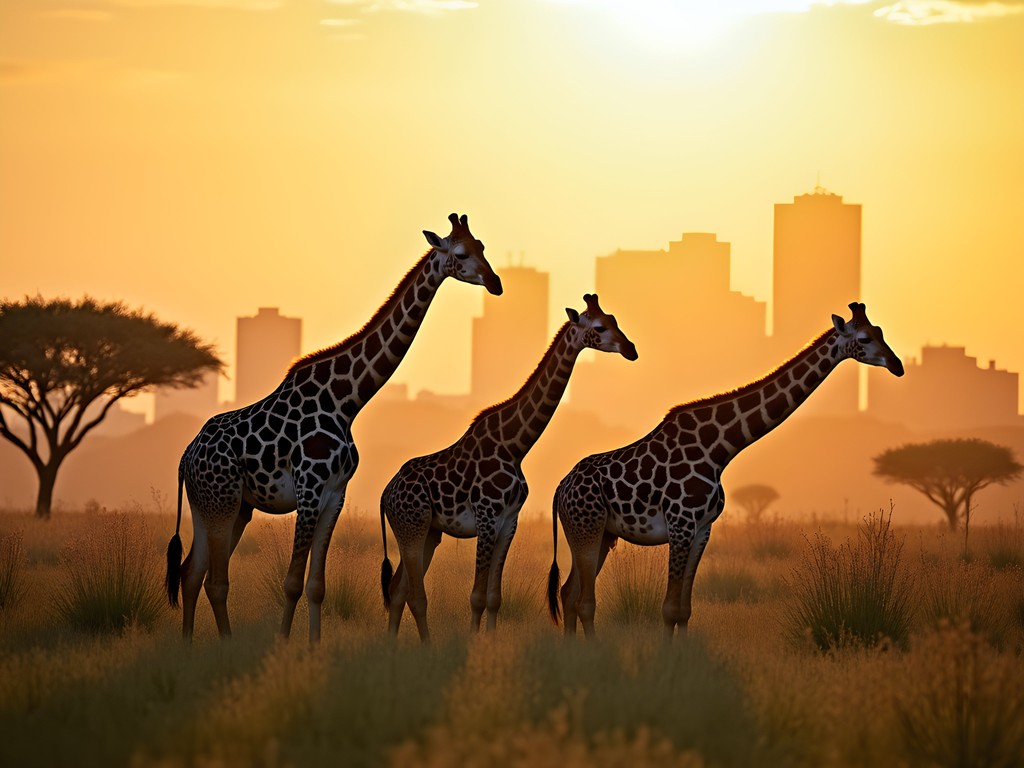 Giraffes grazing with Nairobi skyline visible in the background at Nairobi National Park
