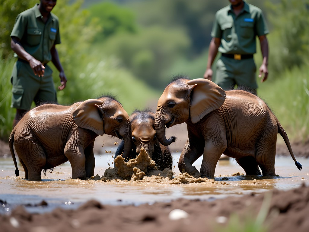 Baby elephants enjoying a mud bath at David Sheldrick Wildlife Trust in Nairobi