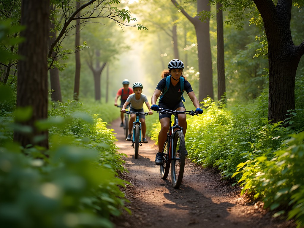 Family mountain biking through Karura Forest trails in Nairobi