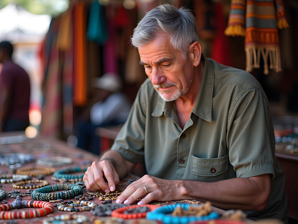 Tourist examining colorful beadwork at Maasai Market in Nairobi