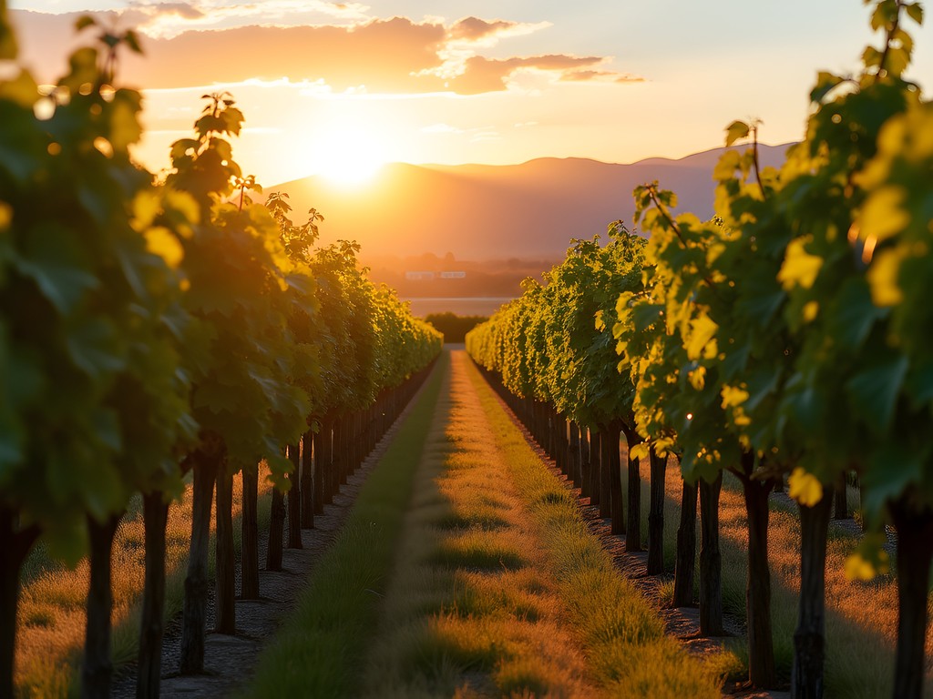 Sunset over vineyard in Snake River Valley wine country