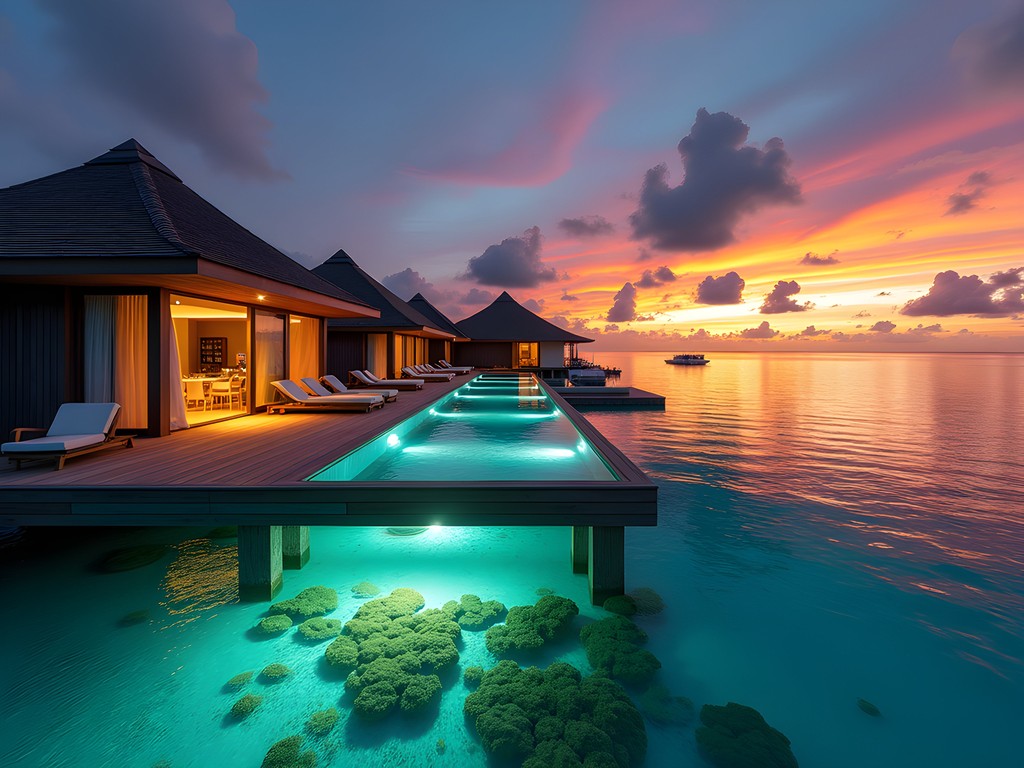 Luxury overwater villa with private infinity pool in the Maldives at sunset