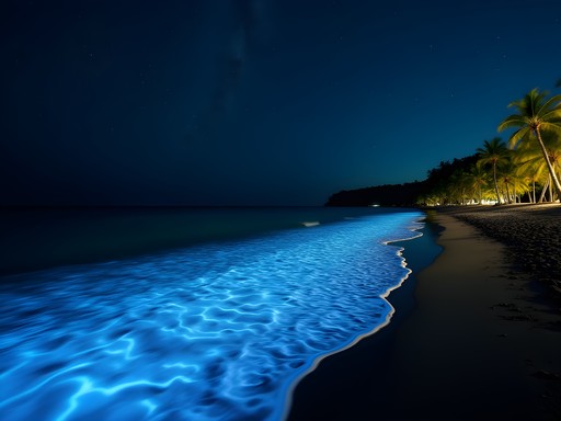Bioluminescent phytoplankton creating blue glowing patterns along Vaadhoo's shoreline at night