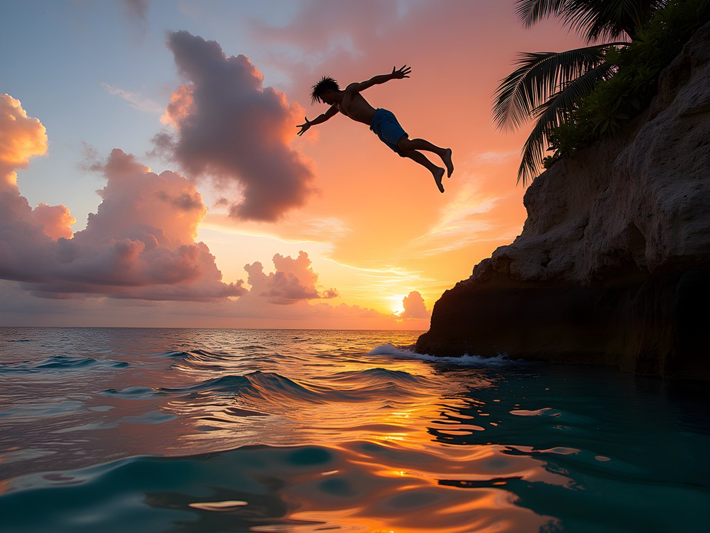 Cliff diver at Rick's Cafe with parabolic trajectory overlay